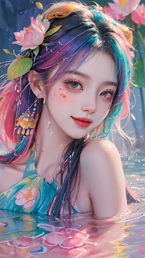 (Masterpiece, Best Quality, High Resolution), lotus Background, ((Paint Splash, Color Splash, Splash of Ink, Color Splash)), ((Sweet Chinese Girl, Rainbow Hair)), Pink Lips, Front, Upper Body,lotus in the background, lotus in the water,smiles