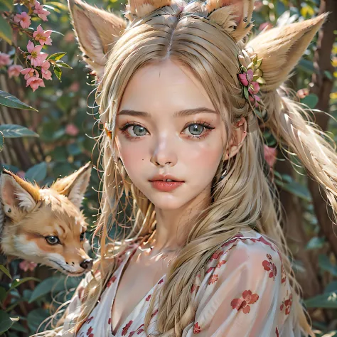 1girll，独奏，long whitr hair，whaite hair，fox ear，Blushlush，Chubby toot，（Perfect body 1.3）Sexy dresses，tmasterpiece，（fidelity：1.4），Perfect body，Beautiful face with details，full bodyesbian，shoe，long eyebrow，The large，adorable eyes，Movie lights, movie lights，int...