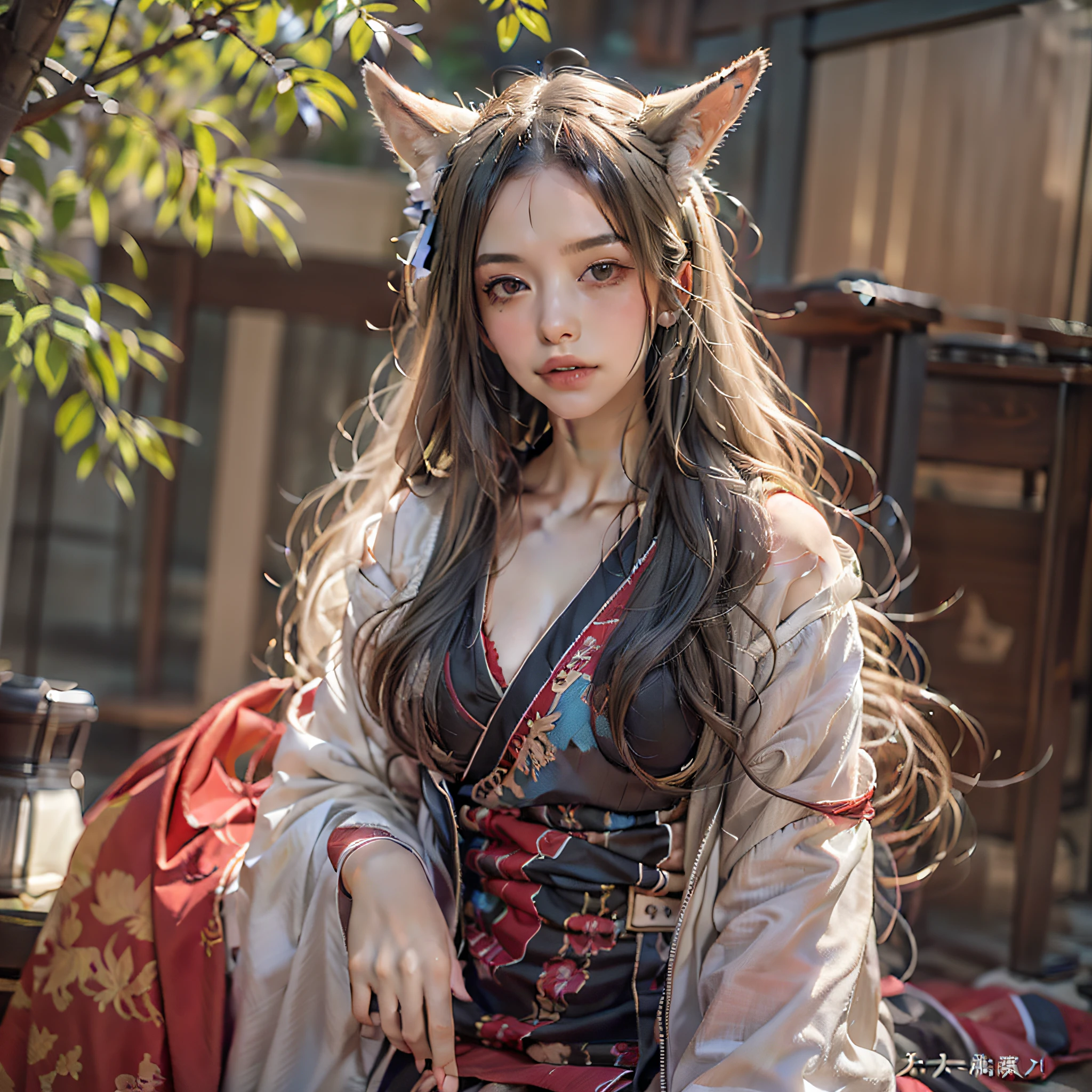 1girll，独奏，long whitr hair，whaite hair，fox ear，Blushlush，Chubby toot，（Perfect body 1.3）Sexy dresses，tmasterpiece，（fidelity：1.4），Perfect body，Beautiful face with details，full bodyesbian，shoe，long eyebrow，The large，adorable eyes，Movie lights, movie lights，intense contrast，High level of detail，Best quality at best，tmasterpiece，Chinese style，Halfway portrait