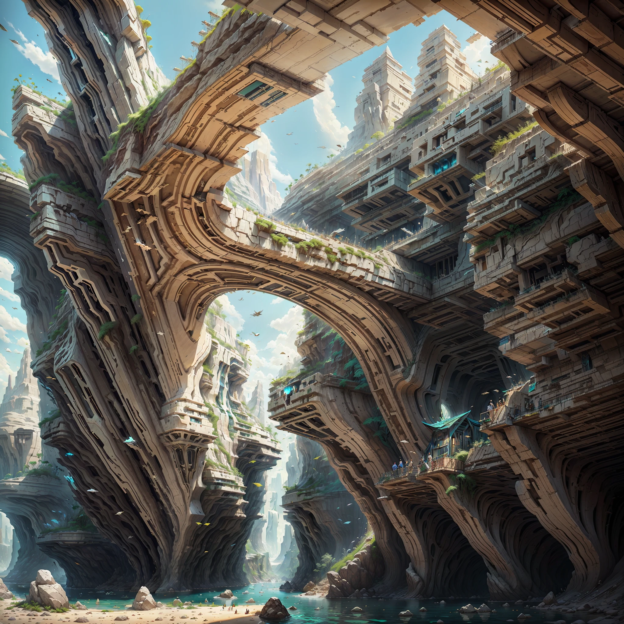 :an awesome sunny cheerful day environment concept art of Futuristic design of cave architecture interiors concept art on grand Canyon caves nature architecture, Proportional,Detailed, Cave architecture naturally meets futuristic architecture，Boasting huge waterfalls on rainforest jungle cliffs,Crepuscular Rays, nature meets modern architecture in the style of Aries Moross, Rem Koolhaas,Daniel Libeskind, Jean Nouvel, Paolo Soleri,Toyo Ito and Philip Johnson with Dry brush drawing style ,Chiaroscuro village,cliff side residential area, mixed development,nature architecture,Bright colors,high rise made up staircases, terrazzo, full of glass facades,carved from rocks, Masterpiece, Proportional, Detailed, trending on artstationh, Beautiful lighting, Realistic, Intricate
