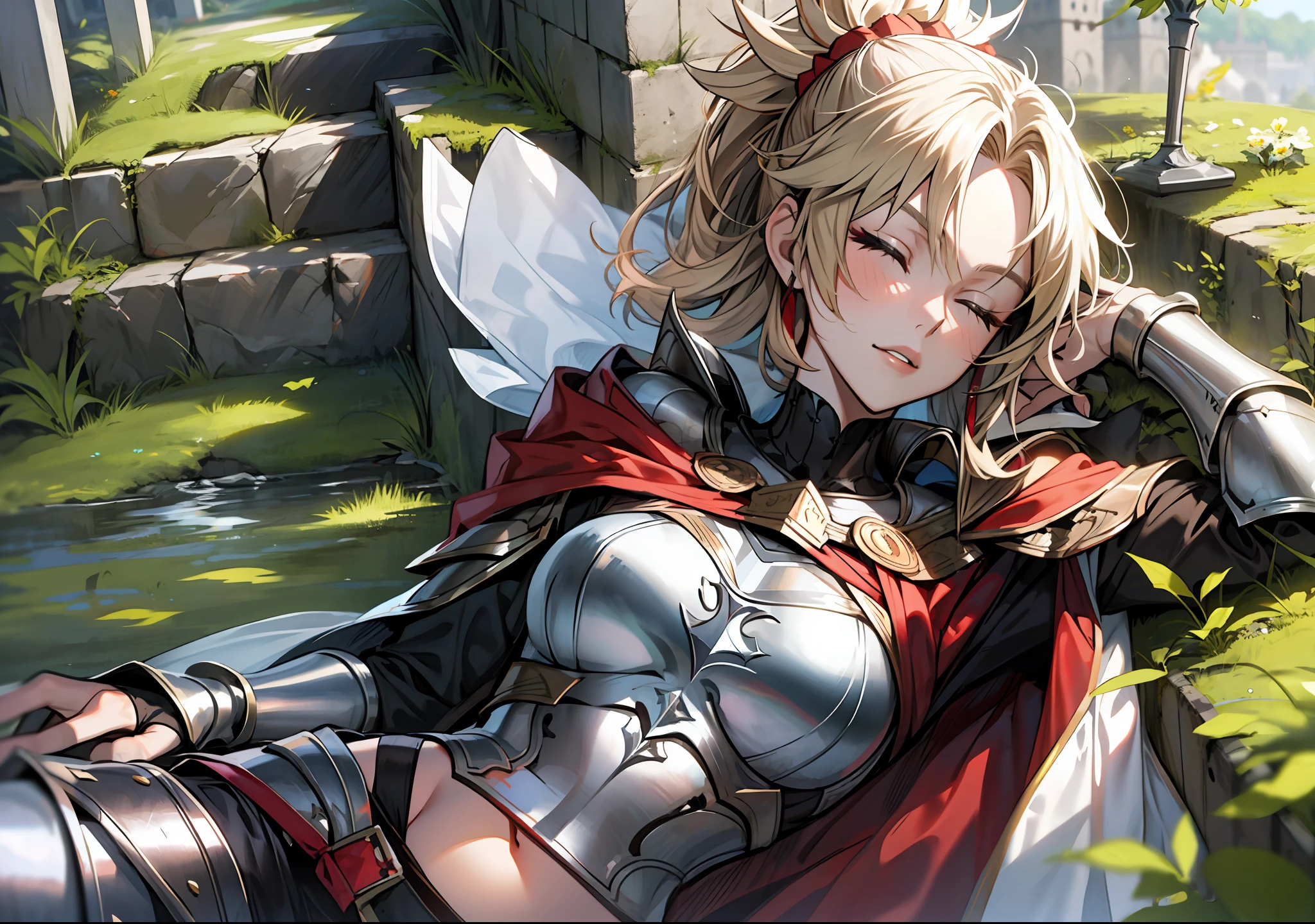 mordred \(fate\), armor, midriff, breastplate, pauldrons, cape, solo, laying down, on side, closed eyes, sidelighting, outdoors, castle