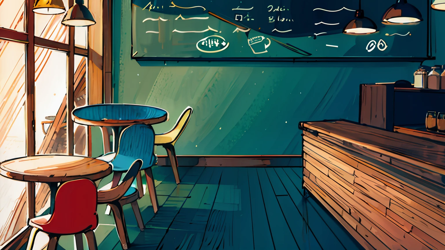 There is a painting of a restaurant with tables and chairs, cozy cafe background, Illustrated Starbucks interior, cafe interior, Bar illustration/lounge, cafes, coffee shop, More about Sky Jazz Cafe, cafe tables, commercial illustration, sitting alone in a cafe, in coffee shop, small hipster coffee shop, sitting in a cafe, random background scene