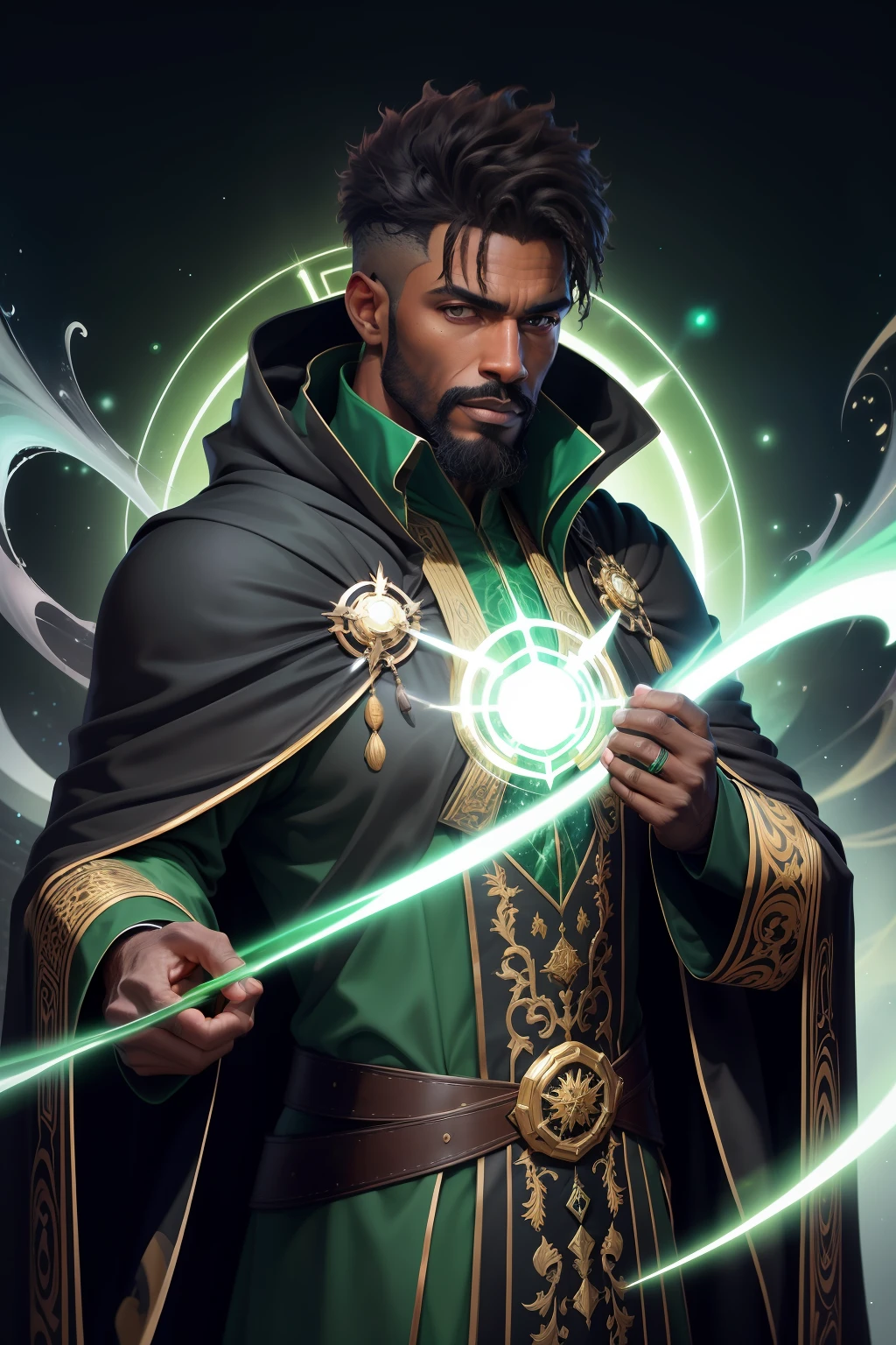 solo, obra-prima, melhor qualidade, Medium shot of Cloak handsome black guy with an emerald green robe,  escuro, large rotating shapes, mystical mantle with infinity inside, maravilha, postura de luta, dinamic angle