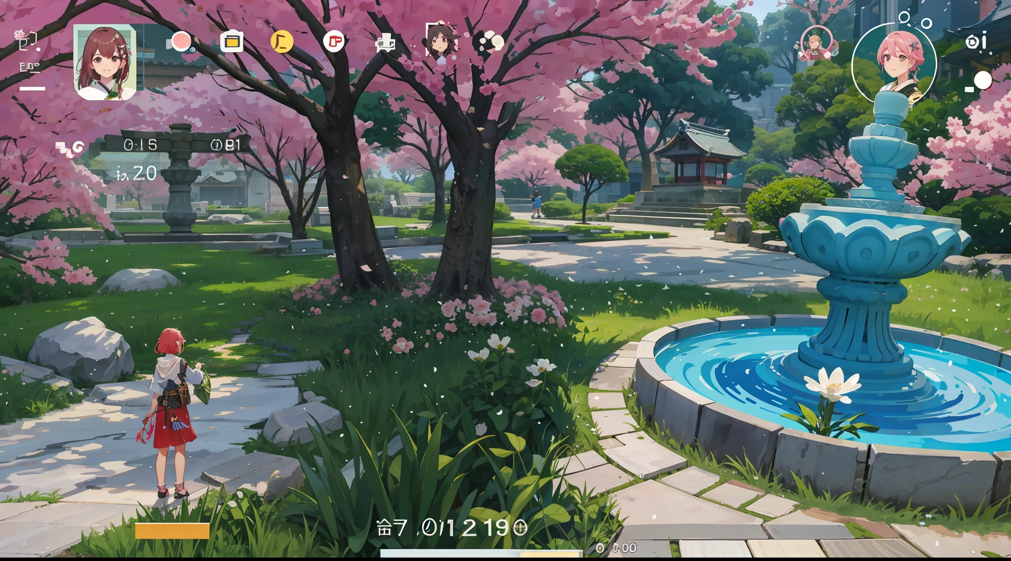 Image of a girl standing in a garden with a fountain in Aalfed, gameplay screenshot with ui, an overgrown，Overgrown with shiny spots, the cherry trees，japanese-inspired，in game screenshot, in game style 8k, in-game, in - game, game screenshot, game screenshot, pc game with ui, pc screenshot, game screenshot, Anime Nature, sakura season dynamic lighting