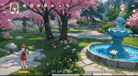 image of a girl standing in a garden with a fountain in aalfed, gameplay screenshot with ui, an overgrown，overgrown with shiny s...