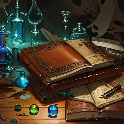 There was a brown leather book on the table，There is a pen and a notebook on it, science fantasy painting, laboratory background, fantasy rpg book illustration, Lab environment, encyclopedia illustration, rpg rulebook illustration, detailed book illustrati...