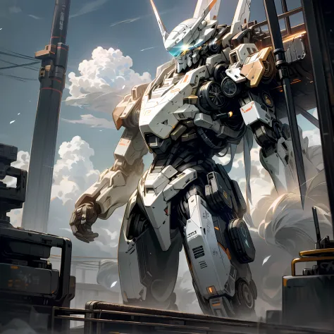 Skysky，​​clouds，holding_weapon，no_humans，with light glowing，，droid，buliding，glowing_eyes，mecha，scientific fiction，城市，Realistis，mecha，In front of him stood a man dressed as a scientist