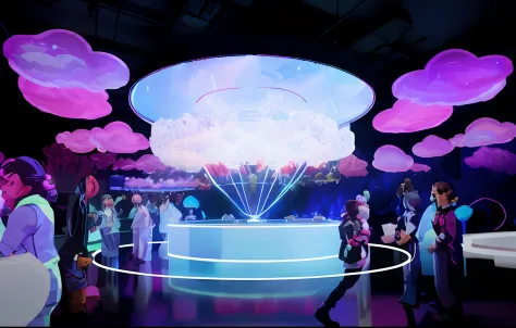 People stand around a large display with balloons and lights, virtual metaverse room, Various colors of lights in the clouds, ethereal hologram center, metaverse concept art, teamlab, emitting spore clouds, magical dream-like atmosphere, conceptual renderi...