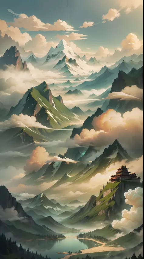 China-style，mountain peaks，Mountains，Auspicious clouds，Fog，green color，the trees，rios，headwaters，lakes，blue-sky，big breasts beautiful，vectorial，National tide