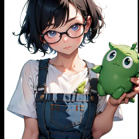A little girl with short hair with glasses holds a green doll with 3 eyes，Wearing a white T-shirt，Denim suspenders，8k，A high res...
