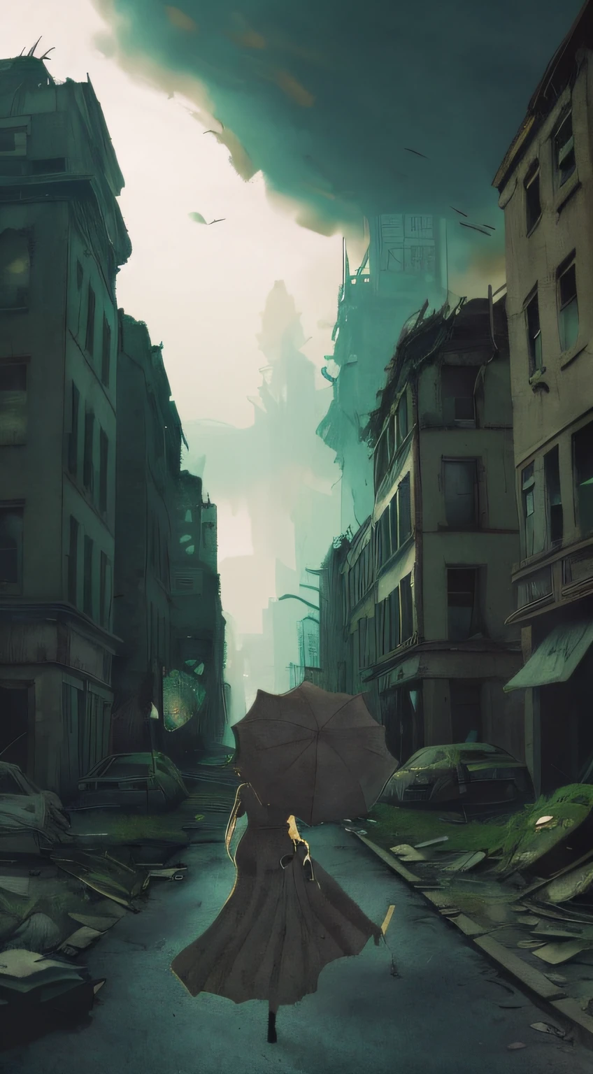 there is a woman walking down a street with an umbrella, in a ruined cityscape, in a post apocalyptic city, stylized urban fantasy artwork, artwork in the style of guweiz, outdoors ruined cityscape, post - apocalyptic city streets, post apocalyptic street, dystopian digital art, apocalyptic city, at a deserted city, post apocalyptic atmosphere, apocalyptic city backround