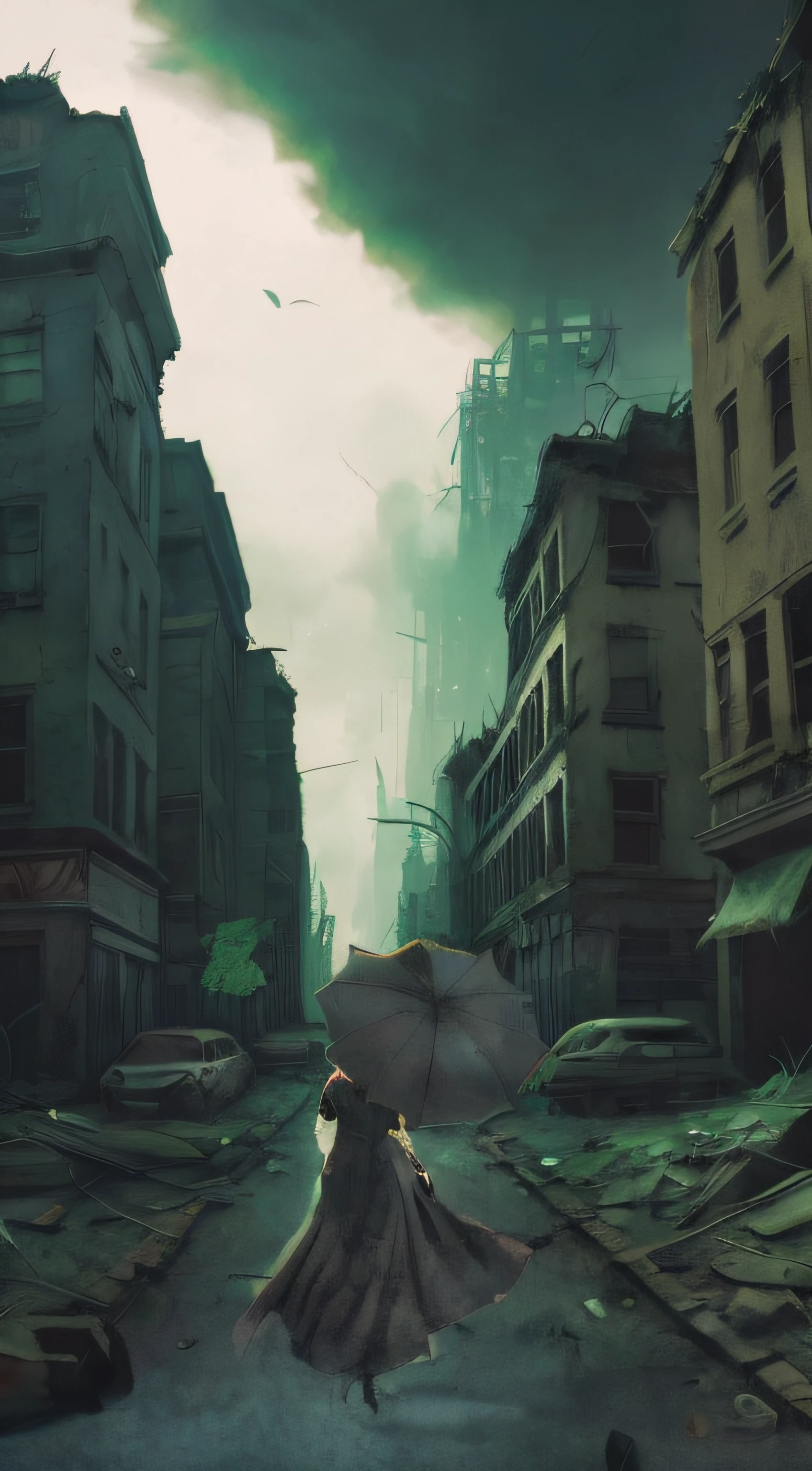 there is a woman walking down a street with an umbrella, in a ruined cityscape, in a post apocalyptic city, stylized urban fantasy artwork, artwork in the style of guweiz, outdoors ruined cityscape, post - apocalyptic city streets, post apocalyptic street, dystopian digital art, apocalyptic city, at a deserted city, post apocalyptic atmosphere, apocalyptic city backround