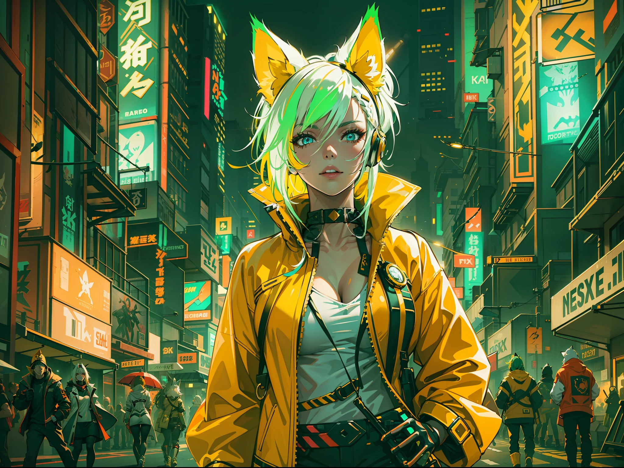 "Eine Frau mit leuchtend neongelbem Haar, geschmückt mit künstlichen Fuchsohren und mechanischen Fuchsschwänzen, in futuristischer weißer Kleidung mit Neon-Highlights. Sie schlendert durch die belebten Straßen der Cyberpunk-Stadt."