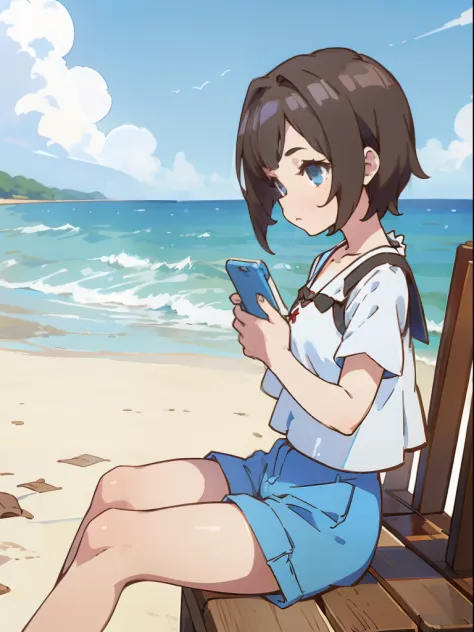 a girl with short hair sits by the sea playing with her phone，short brown hair，white top，blue shorts，finely detailed facial feat...