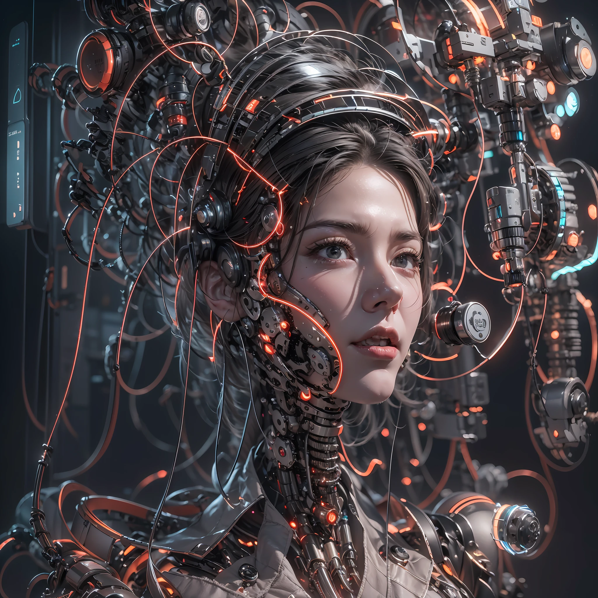 best qualtiy， tmasterpiece， Ultra-high resolution， Rendered with camera-like realism， Inspired by real photos，(((( A mechanical girl))))，((Perfect facial features，delicated face))， highly realistically detailed， Panoramic lighting effects， Fine and accurate shading representation， rendering by octane， 8K分辨率， Reveal vivid skin details， Representation of metallic materials，   Depicting vacuum tubes、Liquid tubes、oil pressure gauges、glass tubes、Simulate details such as meters， Highlight the details and movement of gears， The performance of gold hydraulic cylinders，  realism light effect，  Face the audience's gaze， Depict neon details in detail， Mechanized body parts， The blood vessels connected to the catheter， The mechanized spine is attached to the back， Mechanical attachment attached to the neck， Present a sitting position，Depict the wires and cables connected to the head，