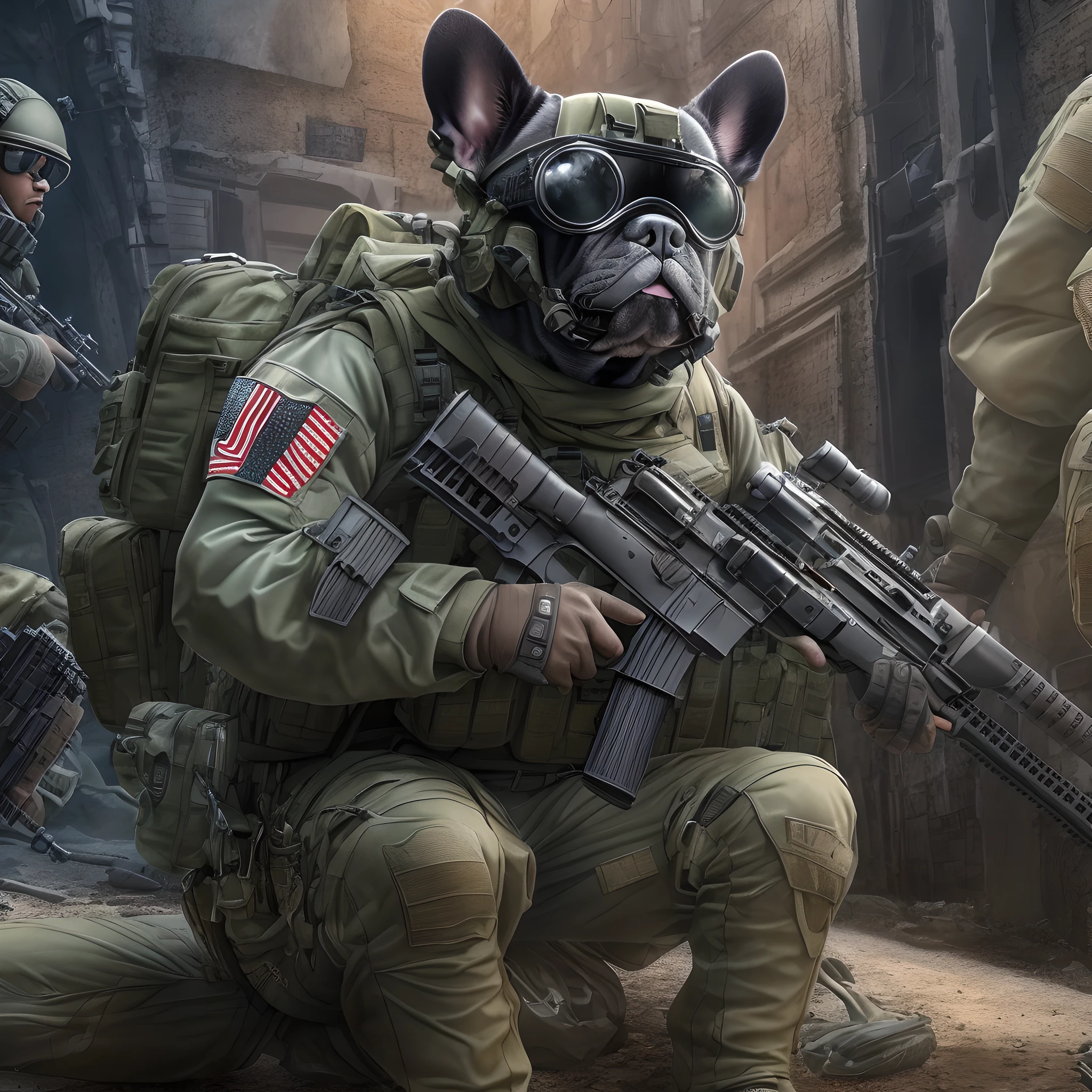 Keeping the French Bulldog Face, High-quality special forces suit, ((High detail rifle with scopes)), High-detail war backgrounds, Stereoscopic effect, 3d rendered, (Best Illustration), (super detailed CG), digital painting, ultra-definition, --IOS 120, Meticulous wording, HDR, extremely high details, unreal-engine, rich colors, Octane rendering, 8k, The ultra-Highres, Distinct background