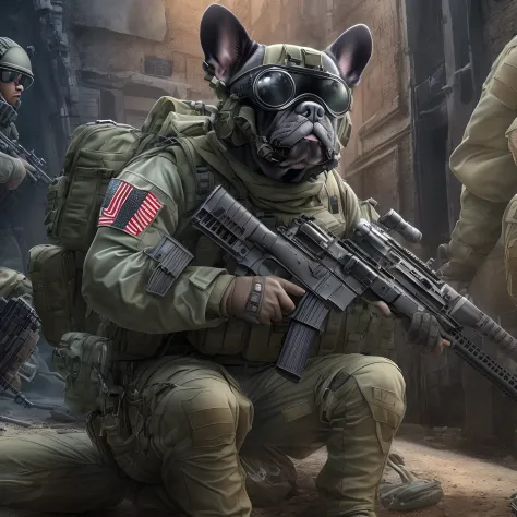 Keeping the French Bulldog Face, High-quality special forces suit, ((High detail rifle with scopes)), High-detail war background...