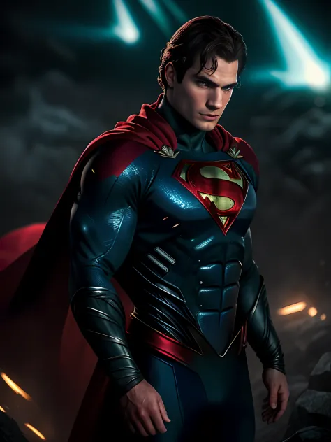 1 man, solo, Henry Cavill as Superman, 40s year old, all blue and red details suit, bare hands, big red S symbol on the chest, r...