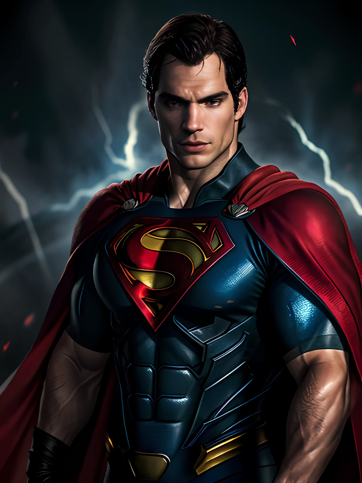 1 man, solo, Henry Cavill as Superman, 40s year old, all blue and red details suit, bare hands, big red S symbol on the chest, red cape, strain of hair covering forehead, short cut hair, tidy hair, tall, manly, hunk body, muscular, wide shoulder, straight face, black hair, best quality, high resolution:1.2, masterpiece, photorealism, dark background, detailed suit, detailed face, upper body shot, crossed arms, runic scene in the background