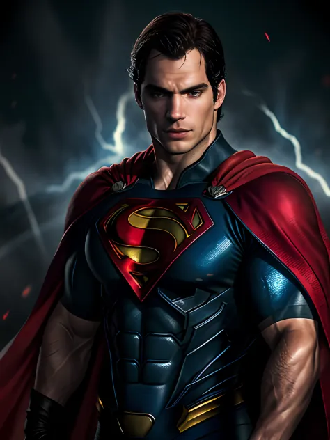 1 man, solo, Henry Cavill as Superman, 40s year old, all blue and red details suit, bare hands, big red S symbol on the chest, r...