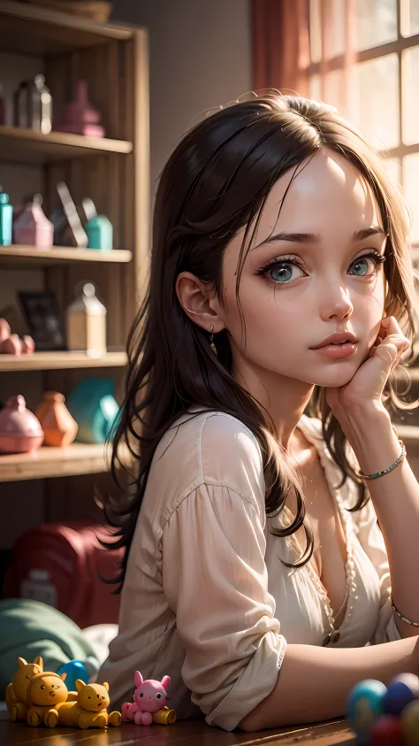 What is this girl thinking about? Is this her house? What are those toys doing in the background? Soft light, happy, cute, cinem...