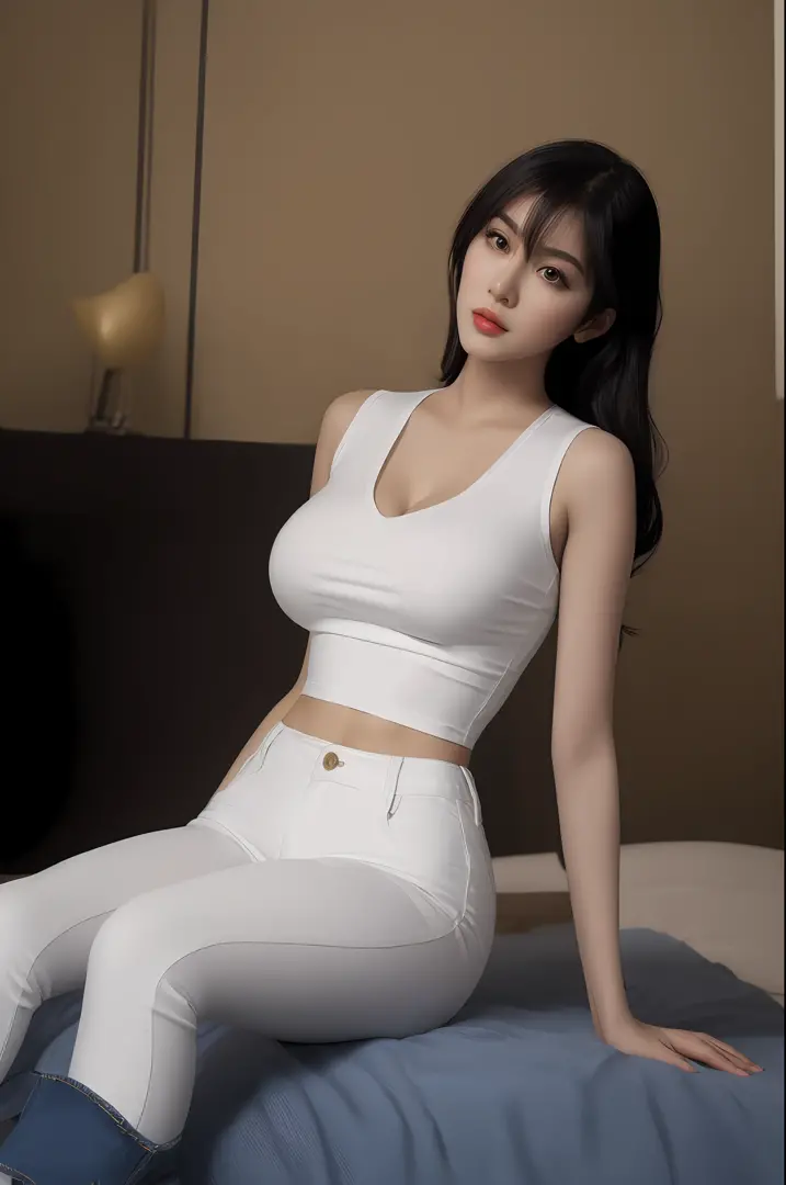 arafed asian woman in a white top and jeans sitting on a bed, sexy girl, giant breasts, gorgeous young  woman, smooth white tight clothes suit, beautiful sexy woman photo, beautiful asian girl,  sexy hot body,