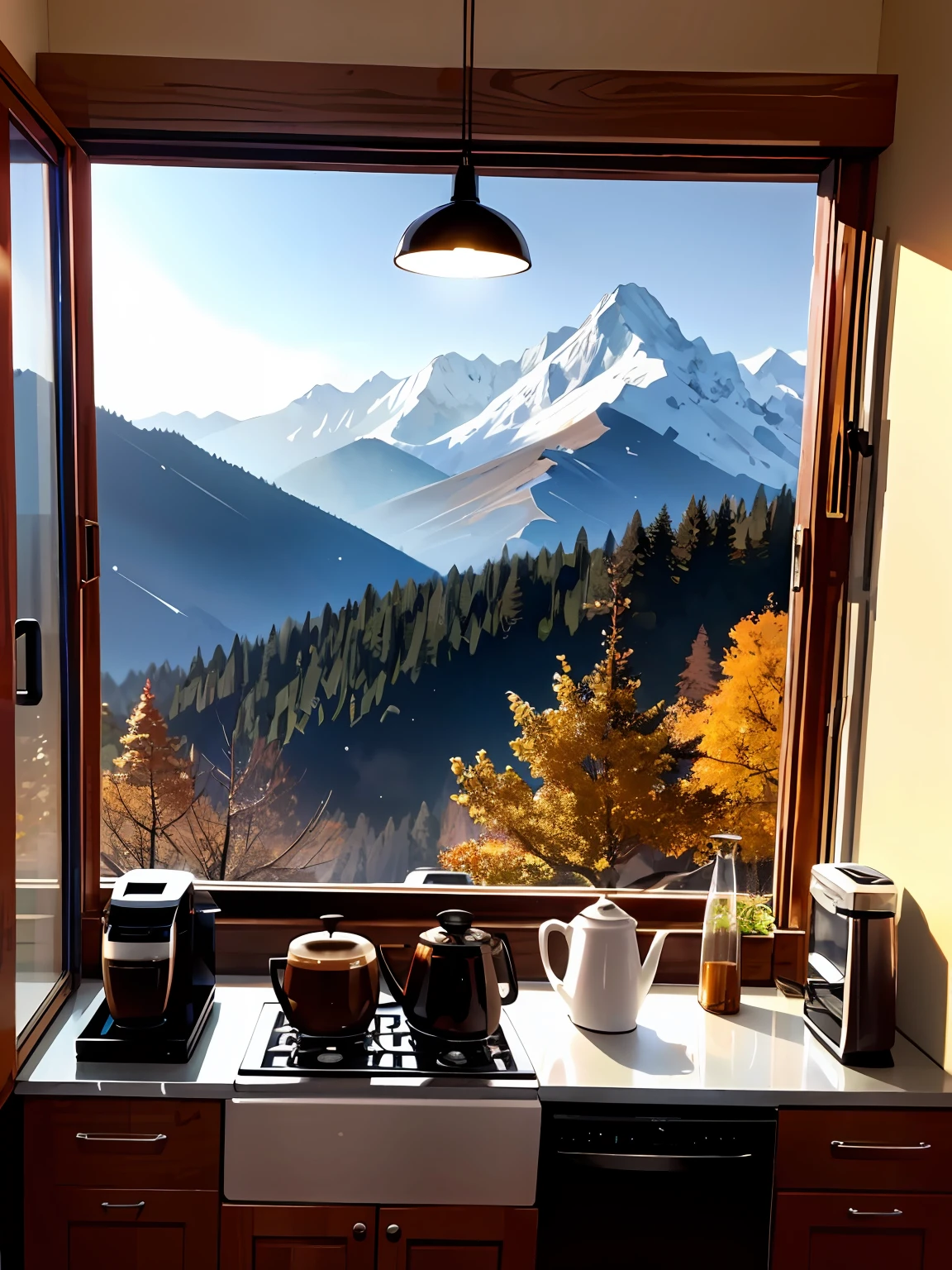 The hostess was cooking in the kitchen，There is a coffee maker in the kitchen， Outside the window there are mountains