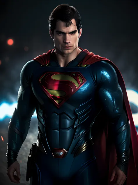 1 man, solo, Henry Cavill as Superman, 40s year old, all blue and red details suit, bare hands, big red S symbol on the chest, r...