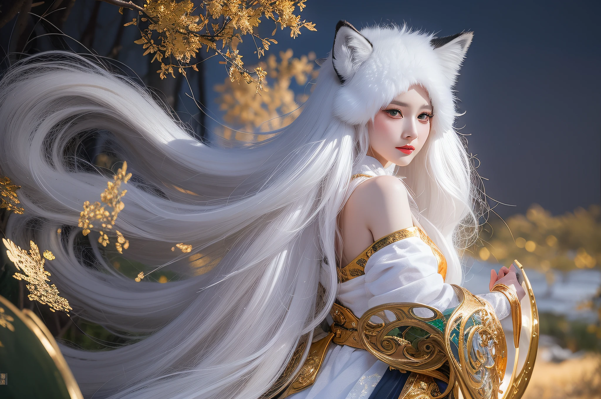 （This woman is a nine-tailed demon fox：1.5），（fox ear：1.3），（White color hair：1.3），（fox tails：1.3），（Golden section：1.2），(8K, RAW photogr:1.2), Best quality, 超高分辨率,Dramatic angles,(fluttering detail color splash), (illustration),(((1 girl))),(Long hair),(rain:0.9), (head gear:1.2),The girl was surrounded by woods，Hanfu,(focal point)， 巨作, Best quality, beautiful painted, highly-detailing,(Denoising:0.6),[Splash ink],((ink refraction)), (Beautiful detailed sky),Moon,highly,A detailed,(巨作, Best quality, Extremely detailed） CG unity 8k wallpaper，tmasterpiece，Best quality at best，ultra - detailed），（Stone garlic）