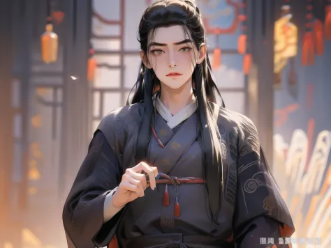 tmasterpiece，Best quality，18-year-old man，ccurateblack hair，Black robes，The eyes are deep and determined，Clear facial lines，Sharply defined，Look up，In the background is a Chinese window