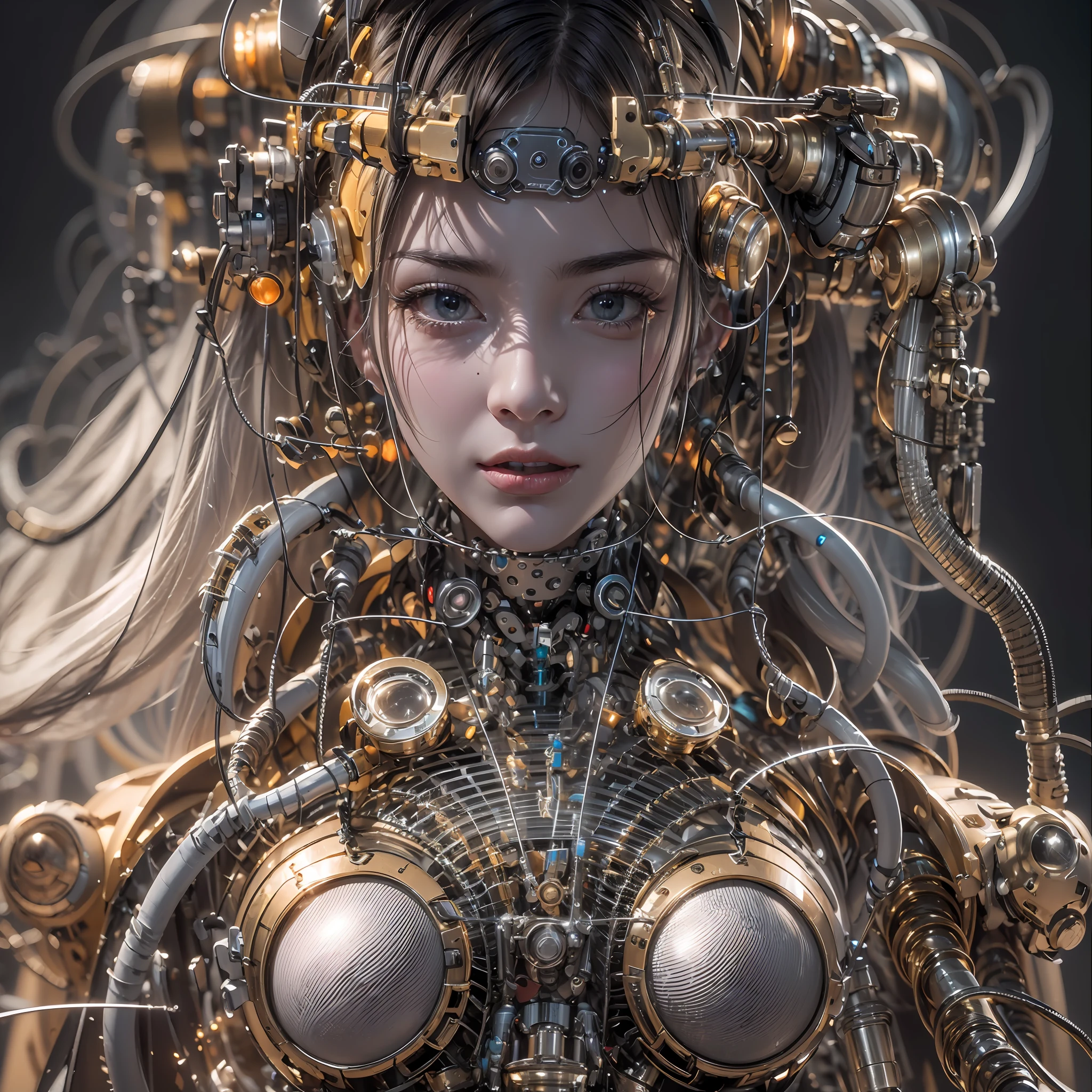 best qualtiy， tmasterpiece， Ultra-high resolution， Rendered with camera-like realism， real photograph，(((( A mechanical girl))))，((solo))，((Perfect facial features，delicated face))， highly realistically detailed， Panoramic lighting effects， Fine and accurate shading representation， rendering by octane， 8K分辨率， Reveal vivid skin details， Representation of metallic materials，   Depicting vacuum tubes、Liquid tubes、oil pressure gauges、glass tubes、Simulate details such as meters， Highlight the details and movement of gears， The performance of gold hydraulic cylinders，  realism light effect，  Face the audience's gaze， Depict neon details in detail， Mechanized body parts， The blood vessels connected to the catheter， The mechanized spine is attached to the back， Mechanical attachment attached to the neck， Present a sitting position，Depict the wires and cables connected to the head，