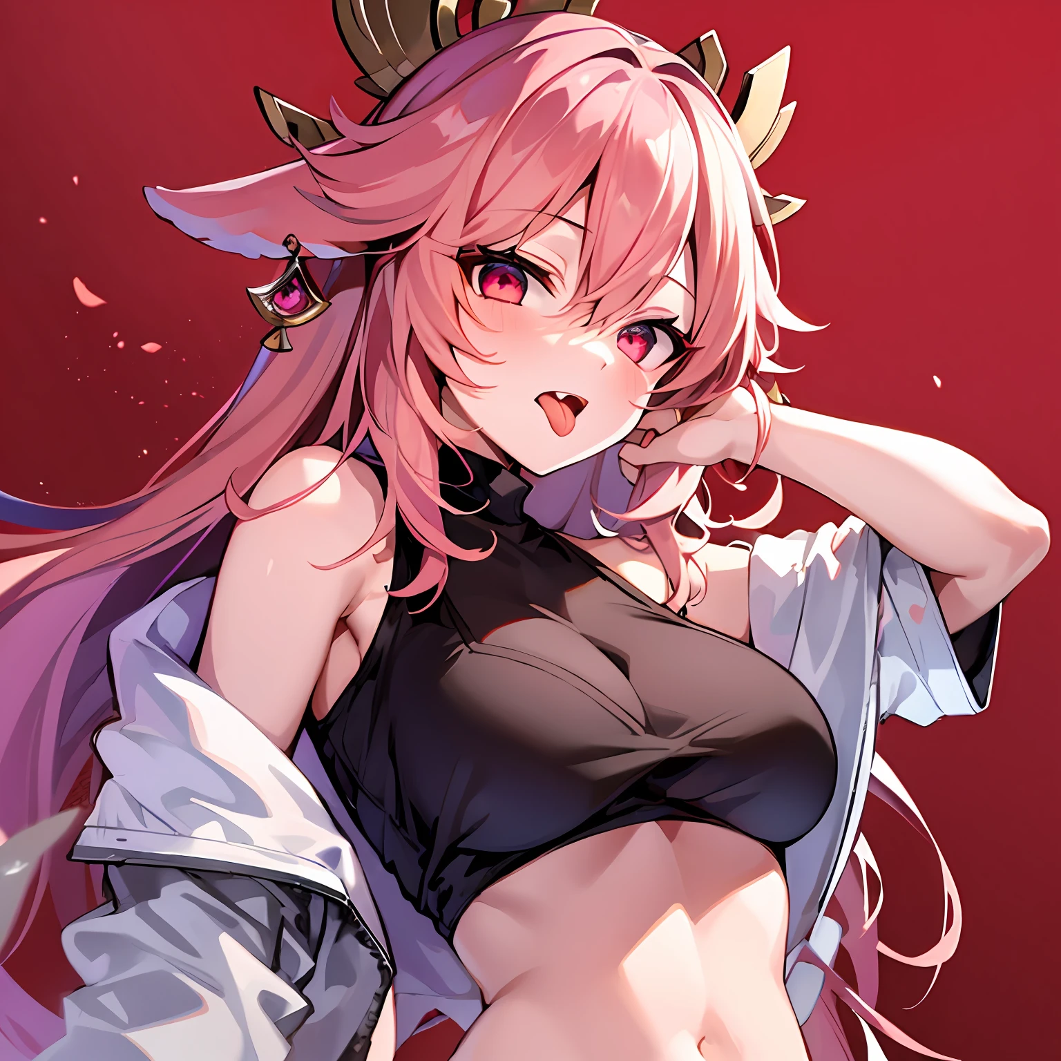 (((1girl))), hands up, long hair, tank-top, jacket, open shoulder, cowboy shot, bikini, medium breast, red background, open mouth, stick out her tongue out at viewers, red eyes, flushed, yae miko