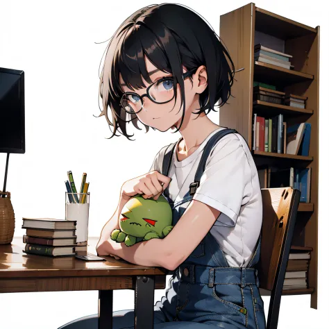 a girl with short hair with glasses，holding a green doll with three eyes in his arms，wearing a white t-shirt，denim suspenders，si...