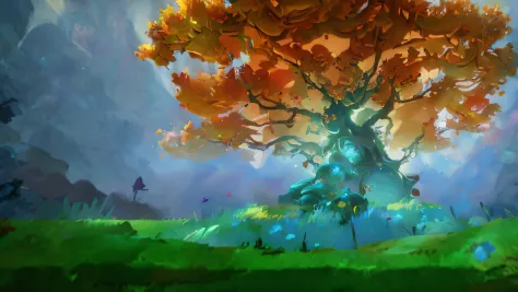 There is a tree，There are many leaves on it, background artwork, painted as a game concept art, Stylized concept art, arte de fu...