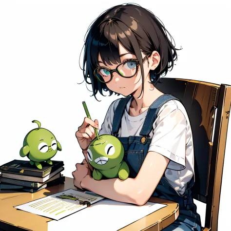 a girl with short hair with glasses，holding a green doll with three eyes in his arms，wearing a white t-shirt，denim suspenders，si...