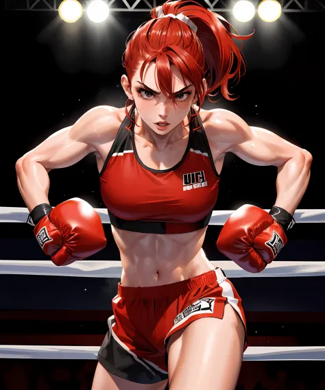 Mature female boxer、Ponytail with black hair、Brown-skinned