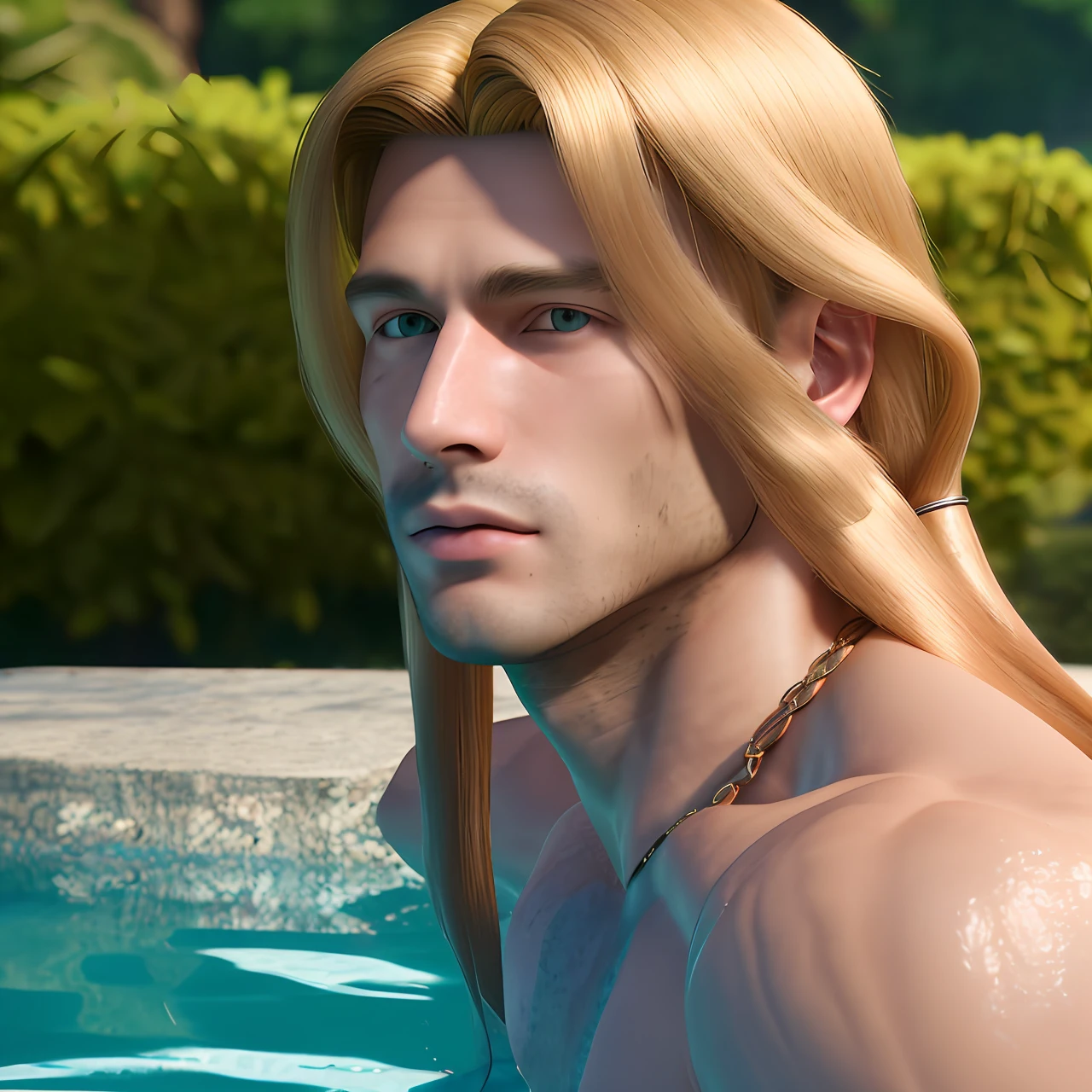 attractive 21 years old man, blonde, sitting next to a pool, mansion, sweating, wears a dog collar, no shirt, pale skin, light from front, close-up, (long length hair:1.5), shy,
 Masterpiece, best quality, perfect anatomy, high quality, highly detailed, extremely detailed cgi unity 8k wallpaper, high resolution illustration, highres, absurdres, intricate detail, male focus, 
analog style, film grains, close-up, no wrinkle, unreal engine, 3d render, octane render