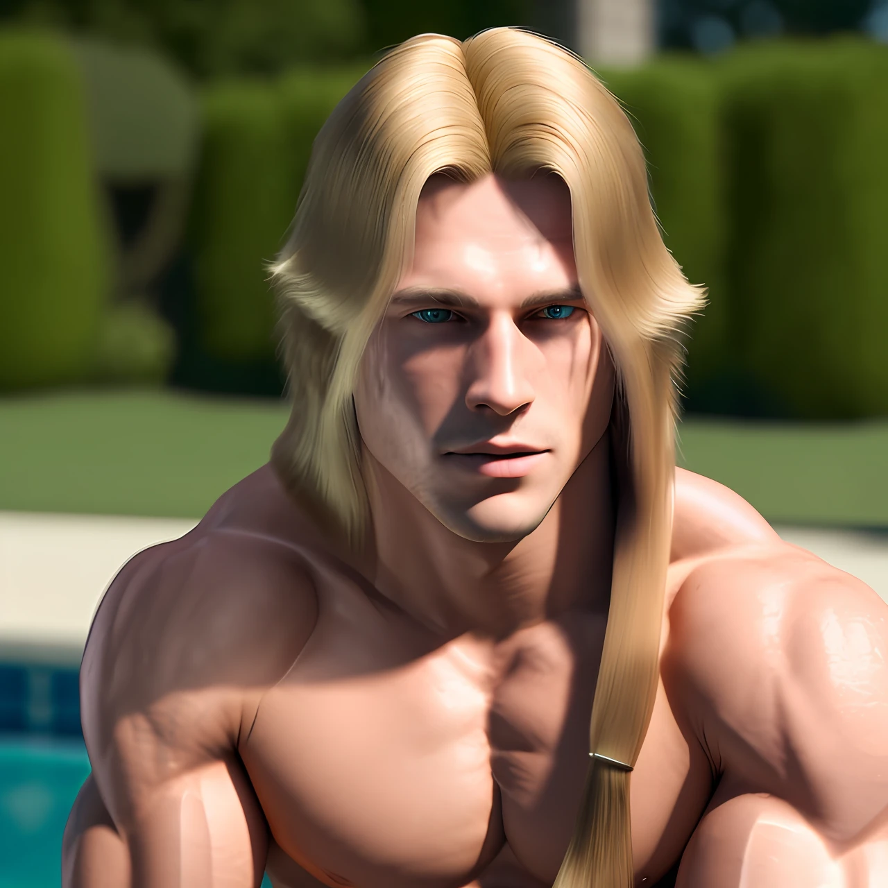 attractive 21 years old man, blonde, sitting next to a pool, mansion, sweating, wears a dog collar, no shirt, pale skin, light from front, close-up, (long length hair:1.5), shy,
 Masterpiece, best quality, perfect anatomy, high quality, highly detailed, extremely detailed cgi unity 8k wallpaper, high resolution illustration, highres, absurdres, intricate detail, male focus, 
analog style, film grains, close-up, no wrinkle, unreal engine, 3d render, octane render