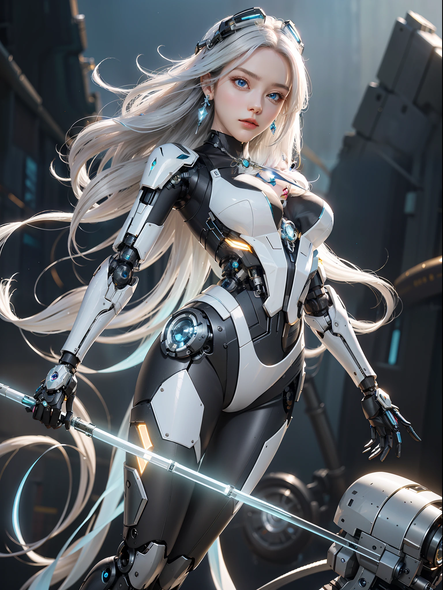 Elegant hair,1girl,solo,Mechanical Headwear,Look up the lens,white hair,long hair,whole body,mechanical arm,(glow:1.2),earrings,looking at viewer,mechanical necklace,Positive symmetrical composition,blue eyes,Robot Background,Diamond,The background of the huge light engine,mechanical leg,.