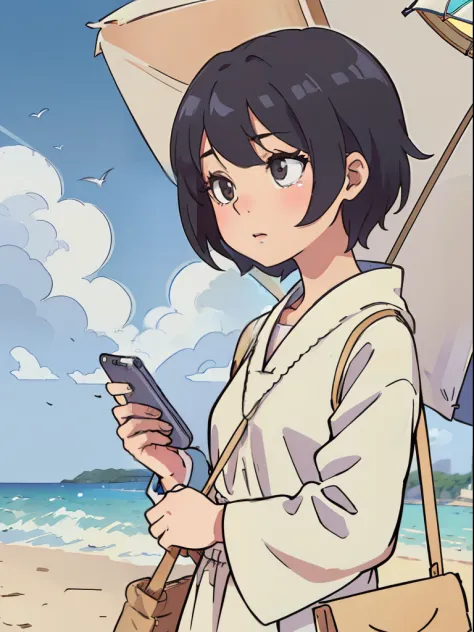 （high detail：1.4），（high resolution：1.4），a girl with short hair is looking down and playing with her phone，校服，sandbeach，natural s...