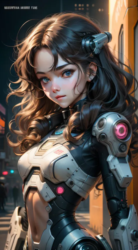 Best quality at best，illustratio，one-girl，Detailed eyes of happiness，Smooth face, flat skin，Happy details of hair，Wavy hair，robot-girl，cyber punk style，whole body display