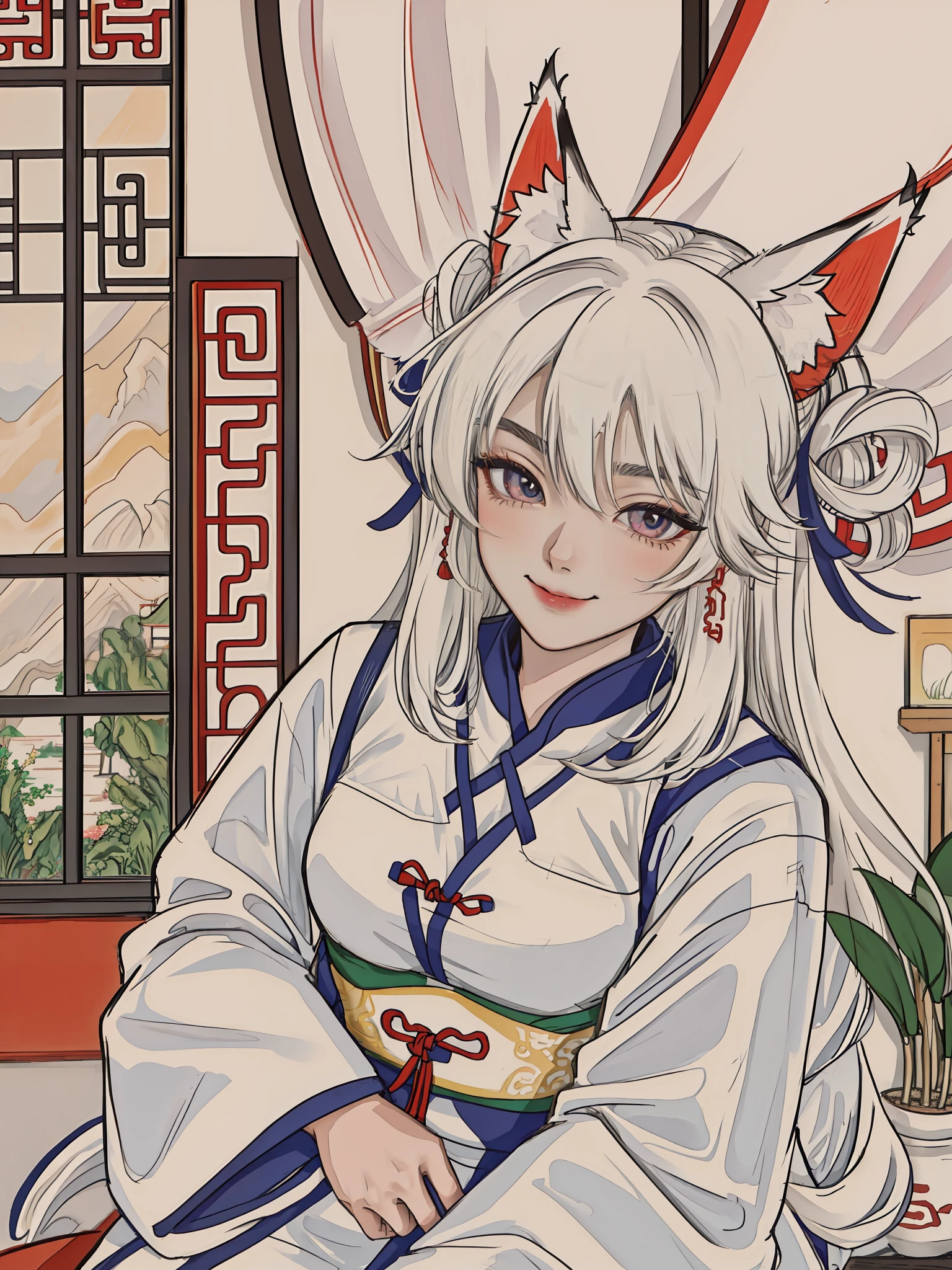 Fox ears，big Fox tails, Gradient eyes, Seductive smile, Naughty face, torogao, White hair, curtained hair, Sony FE GM, first person perspective, Wide shot, hyper HD, Anatomically correct, Super detail, Textured skin, ccurate, High details, Best quality, 16k，girl fox，Wearing a white tight cheongsam，Decorated with red embroidery，Sit in a room with classical Chinese music，Leaning against the windowsill，Overlooking the scenery