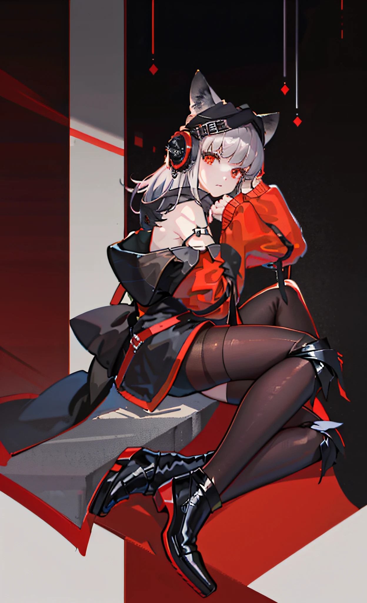 origin，1girll，Solo，Pantyhose，Tail，Long hair，blackfootwear，view the viewer，Sitting，cropped shoulders，Red jacket，Knee protectors，fox tails，From the side Side，off-shoulder grey shirt，Bare shoulders，grey shirt，Fox girl，Black pantyhose，Red background。