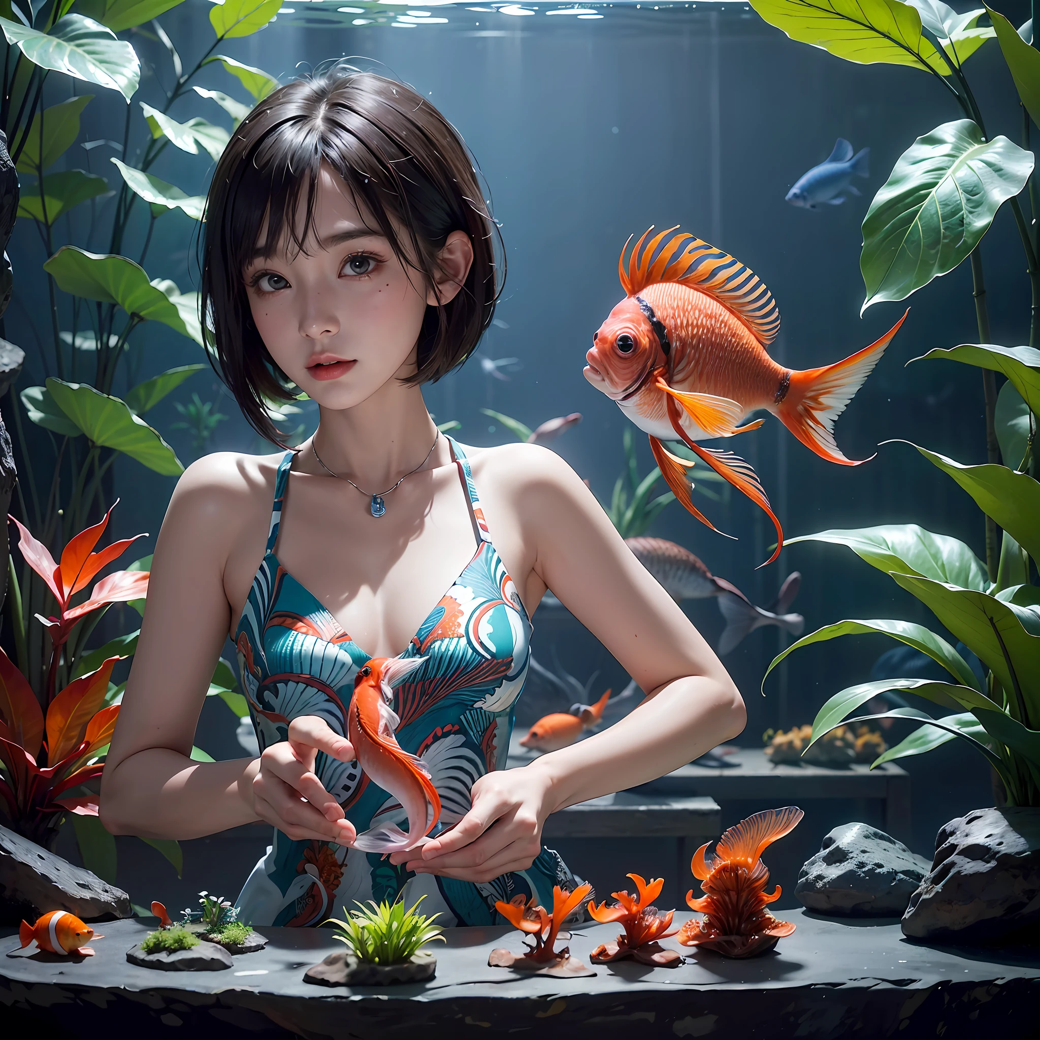 a 20 yo woman)))、((aquariums))、​masterpiece, 1 beautiful girls,  (((very_Short_hair))), Eye details, Swollen eyes - SeaArt AI