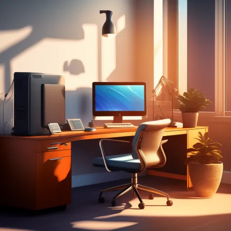 (Best quality, highly detailed CG artwork) A view of a desk with a computer and a office chair, home office, home office interior, (vivid lighting and shadows).