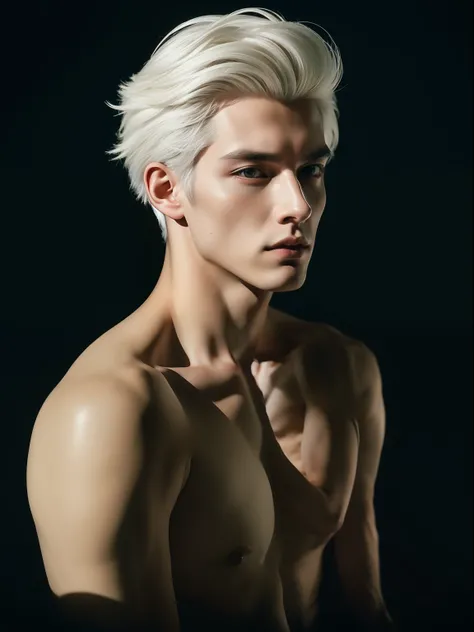 Portrait photo of young and handsome man , 20 years old , white hair ,  wearing nothing, artistic portrait - SeaArt AI