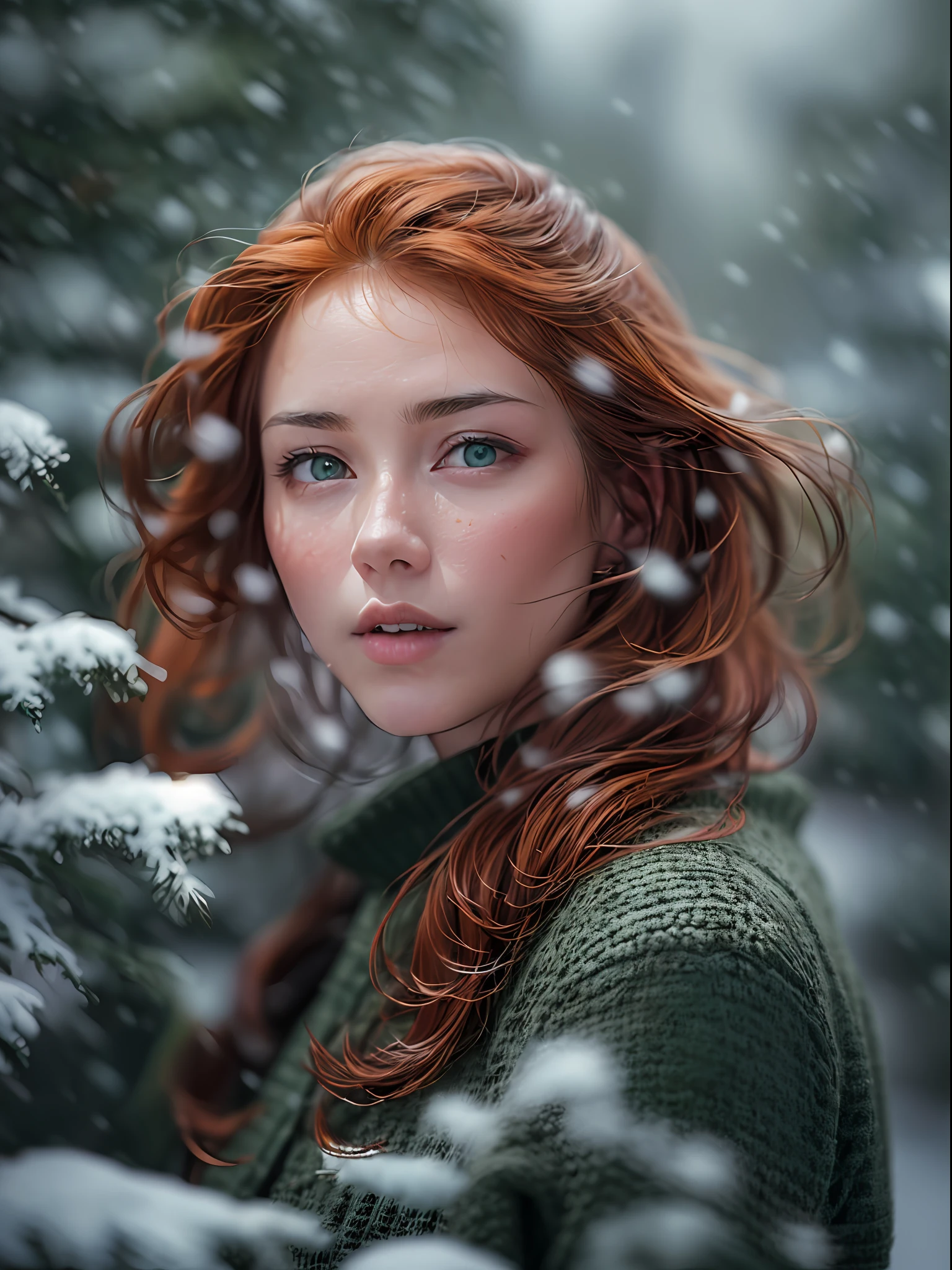 (masterpiece, high resolution, photo-realistic:1.3), (portrait of a slender and perfectly proportioned redhead in the snow:1.2), (her captivating green eyes gleaming with wonder:1.2), (rosy cheeks from the cold winter air:1.1), (eyebrows matching the color of her hair:1.1), (flawless facial features:1.1), (dressed in specially insulated winter clothing:1.1), (Sony Alpha 1 camera, perfect for capturing stunning details in challenging environments:1.2), (paired with the Sony FE 70-200mm f/2.8 G Master lens:1.2), (standing amidst a forest with bare trees:1.1), (snow gently falling around her:1.1), (a serene winter wonderland setting:1.1), (the camera and lens combination ensuring sharpness and clarity in the portrait:1.1), (her fiery red hair contrasting beautifully with the snowy landscape:1.1), (her eyes reflecting the magic of the winter scene:1.1), (the warmth and coziness of her winter attire:1.1), (a sense of peace and tranquility captured in the moment:1.1), (the Sony FE 70-200mm f/2.8 G Master lens creating a stunning background bokeh:1.1), (a portrayal of natural beauty in a wintry setting:1.1), (the model's radiance shining through even in the cold:1.1), (an image that embraces the beauty of the changing seasons:1.1), (the camera's high-speed capabilities capturing the falling snow:1.1), (the enchanting atmosphere of the winter forest:1.1), (a timeless portrait of a redhead in the snow:1.1).