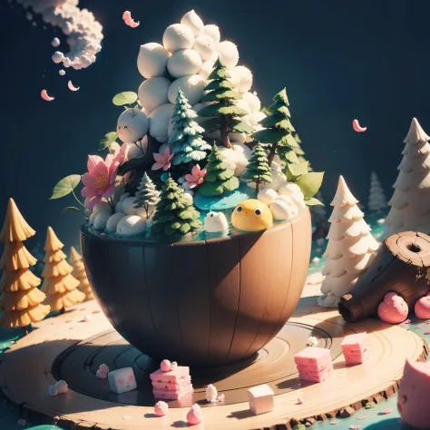 concept art, mixedmedia3DreliefAI, CottoncandyClouds,MarshmallowMountains, WoodenTrees, WatercolorWaterfall, PaperFlowers, NO_hands