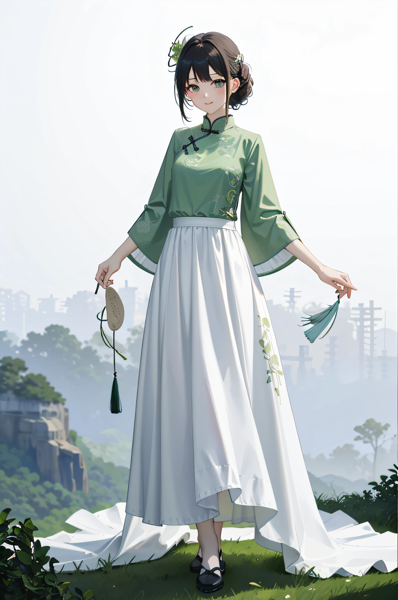 （Green print Chinese top），（a white long skirt），The upper part of the body，shukezouma，negative space，shuimobysim，portrait of a woman standing，Willow Branch，（tmasterpiece，best qualtiy：1.2），Tradition Chinese Ink Painting，model shoot style，peace，（ssmile），looking at viewert，