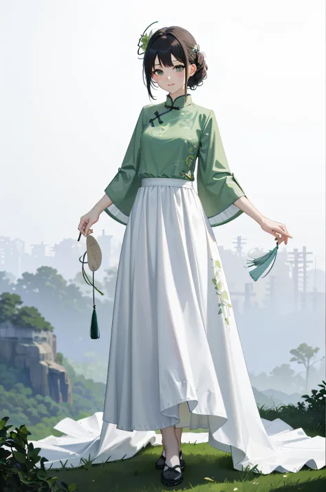 （green print chinese top），（a white long skirt），the upper part of the body，shukezouma，negative space，shuimobysim，portrait of a wo...